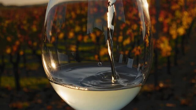 Sunlight bathing golden vineyard, premium white wine pouring into crystal glass amid warm autumn colors and soft glowing landscape