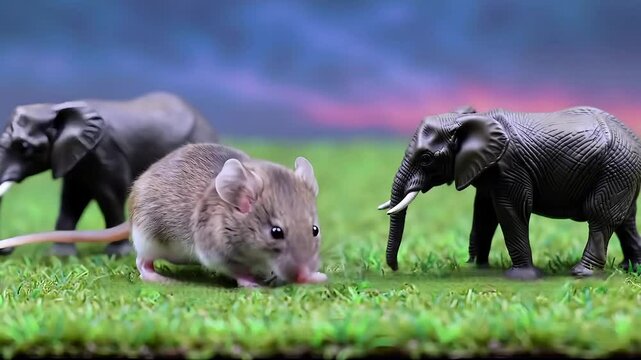 Real size mouses motion among the same small size mechanical elephants. The size does not matter. 