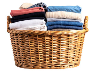 Obraz premium Wicker Basket Filled with Folded Colorful Clothes, front view, isolated on transparent background PNG