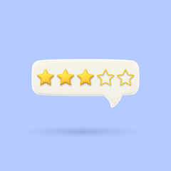 3D speech bubble with three gold rating stars. Visualization of service quality assessment. Customer feedback. Render of voting, rating or survey on the product. Volumetric chat messages