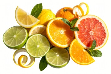 Obraz premium A vibrant assortment of citrus fruits brightens a clean white background. Sliced lemons, limes, oranges, and grapefruit are artfully arranged with fresh mint leaves. 