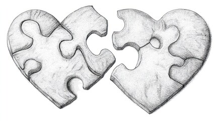 Two hearts, jigsaw puzzle pieces, monochrome illustration