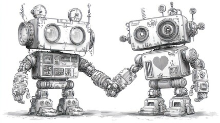 Two whimsical robots holding hands