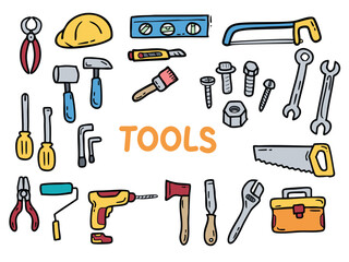 Obraz premium Set of icons with Tools theme. With doodle style. For layout, website, graphic design