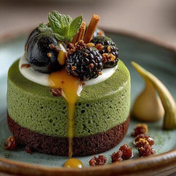 Tarta mousse de matcha con base de cacao, moras y caramelo goteando, fotograf&iacute;a gastron&oacute;mica macro, Postre gourmet de t&eacute; verde matcha con frutos del bosque y salsa toffee, alta cocina