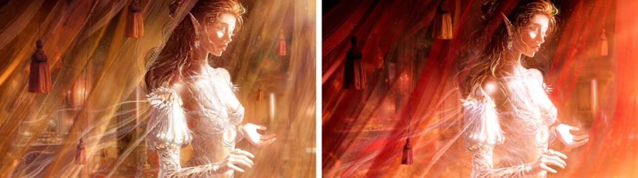 A beautiful elf girl is standing by the window. Her beautiful figure in frilly lingerie is flooded with sunlight. She is a young princess in a royal room with golden curtains. 2d art