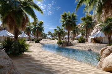 Fototapeta premium Oasis with palm trees and tents surrounded by sandy landscape under a clear blue sky