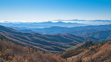 Fototapeta premium Panoramic view of layered mountains under a clear blue sky, autumn foliage visible in the foreground