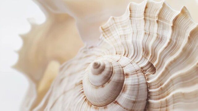 Delicate seashell rotating, revealing spiral patterns and textured surface, highlighting intricate marine elegance against pure white background