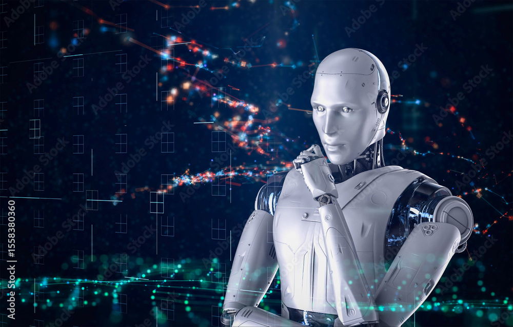 Fototapete machine learning concept ai robot with education graphic interface
