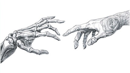 Two hands, one skeletal, one fleshy, reaching toward each other