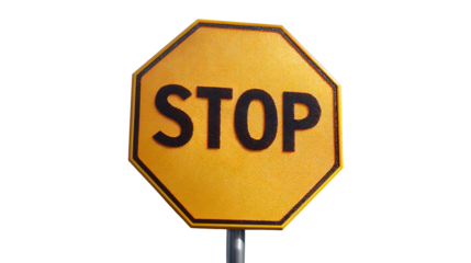 A vibrant yellow stop sign against a stark black background a symbol of on transparent background