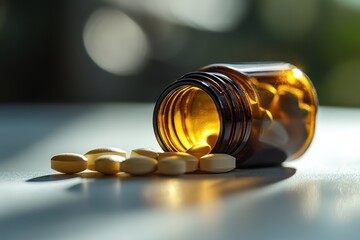 Yellow Pills Spill from Brown Medicine Bottle in Soft Natural Light