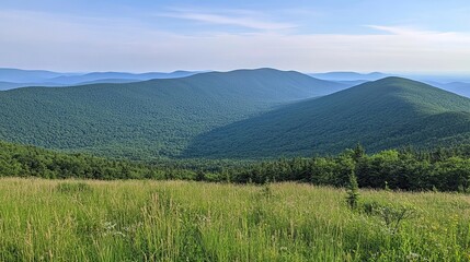Panoramic view of rolling green mountains and a foreground meadow under a clear sky