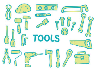 Obraz premium Set of icons with Tools theme. With doodle style. For layout, website, graphic design