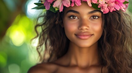 A Polynesian woman with a flower crown, radiant island beauty 