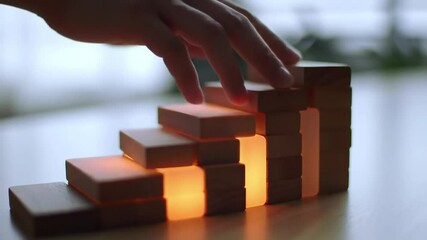 Glowing blocks stacked unevenly, finger ascending