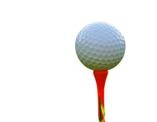  Side angle view of golf ball on red tee surrounded by dew-covered grass