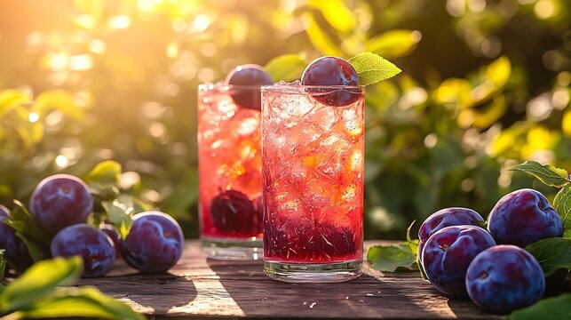 Davidson plum cordial fresh plums bright natural light to highlight deep purple of plums and refreshing look of cordial 50mm lens bright Australian garden setting