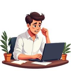 Worried Young Man with Receding Hairline Using Laptop.