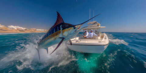 Fisherman battling a marlin in the vast ocean, struggling to reel in the powerful fish amidst the rolling waves and open sea