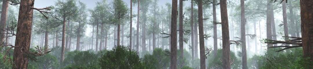 Forest in the morning in a fog in the sun, trees in a haze of light, glowing fog among the trees, 3D rendering