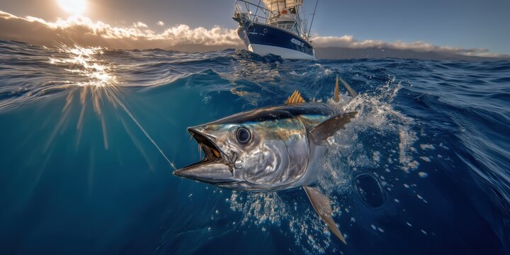 Fisherman is catching a giant tuna, battling its strength as he reels it in from the deep blue sea - Powered by Adobe