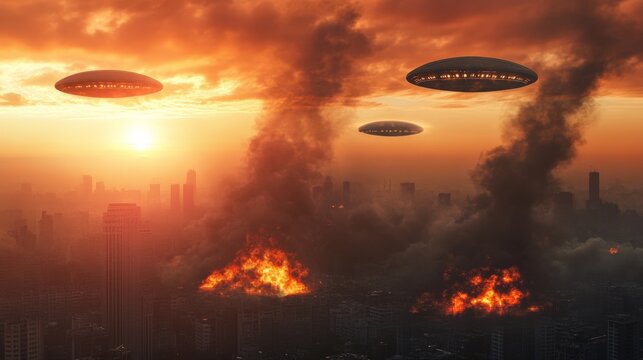 Three unidentified flying objects are hovering over a burning city at sunset, causing destruction and chaos in a dramatic alien invasion scene