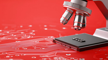 microscope closely examining a microchip on a red circuit board, symbolizing technology and scientific research.