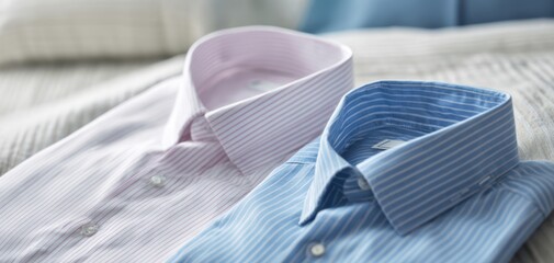The stylish display of striped men's shirts in elegant colors.