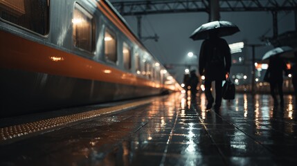 Fototapeta premium Nighttime Rainy Train Station with Reflections and Umbrellas