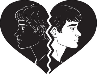 Black silhouette of broken heart with crack line in flat vector style, sad emotion symbol for heartbreak, love loss, pain, sorrow, relationship breakup, grief, loneliness, and emotional distress

