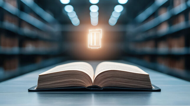 An open book on a table in a dimly lit library with a glowing digital book icon floating above it, symbolizing knowledge and technology convergence.