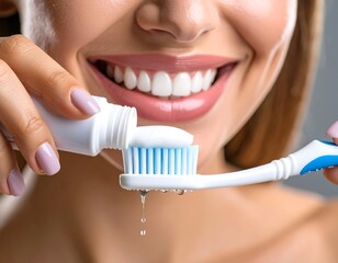Primer plano de persona cepillando los dientes con dent&iacute;frico. Higiene, salud, boca, frescor