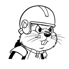 A determined-looking beaver in a helmet and backpack stares forward, ready for action.