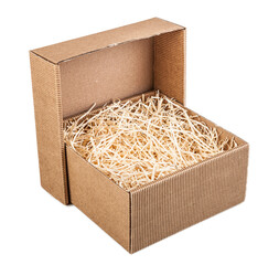 Corrugated cardboard box for packing delicate items isolated on white background