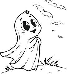 Funny cartoon ghost vector character drawing with a happy smile, perfect for a coloring book or isolated icon art