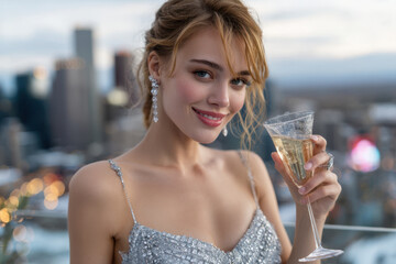 Elegant woman toasting with champagne at a rooftop party in a city skyline