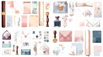 Elegant floral wedding stationery set with envelopes, stamps, wax seals, and paper elements in soft pastel tones. Perfect for invitations and bridal branding.

