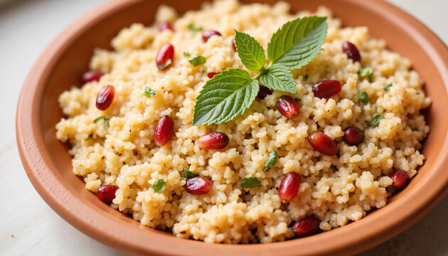 Mediterranean couscous with pomegranate seeds and fresh mint leaves   - Powered by Adobe