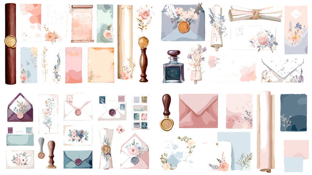 Elegant floral wedding stationery set with envelopes, stamps, wax seals, and paper elements in soft pastel tones. Perfect for invitations and bridal branding.

