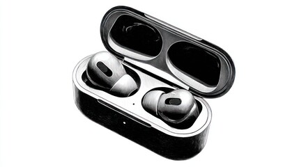 Gray wireless earbuds in case, angled view