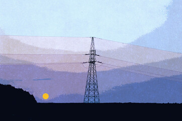 Ilustracja grafika słup elektryczny poranek wschodzące słońce.