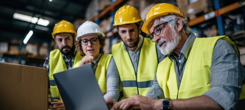 The team of construction professionals collaborating on a project in a warehouse.