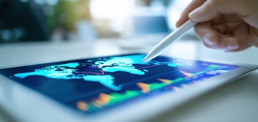 The tablet displays financial data on a world map for analytical purposes.