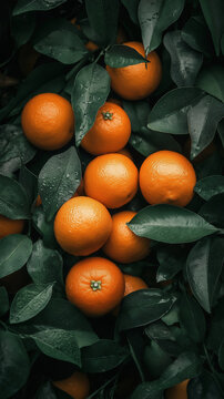 Fresh oranges packed among lush green leaves with natural lighting