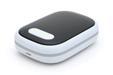 Pocket-sized electric hand warmer with LED light indicator. Modern compact winter tech, isolated on white.