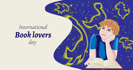 Boy reading book. Magical starry sky with dinosaurs. International Book Lovers Day. Horizontal template. Isolated vector illustration.