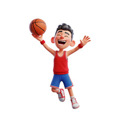 Cheerful cartoon boy jumping and tossing basketball with joyous expression.