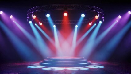 An illuminated stage with circular lighting creates a vibrant and dynamic atmosphere for events and performances. - Powered by Adobe